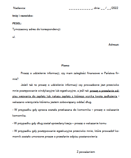 wzór pisma o ustalenie długów